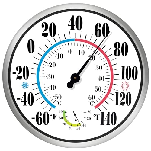 12" Outdoor Thermometer Large Numbers - Decorative Outdoor Thermometers for Patio, Wall Thermometer Hygrometer with Stainless Steel Enclosure, Battery Free Indoor Outdoor Thermometer Hanging