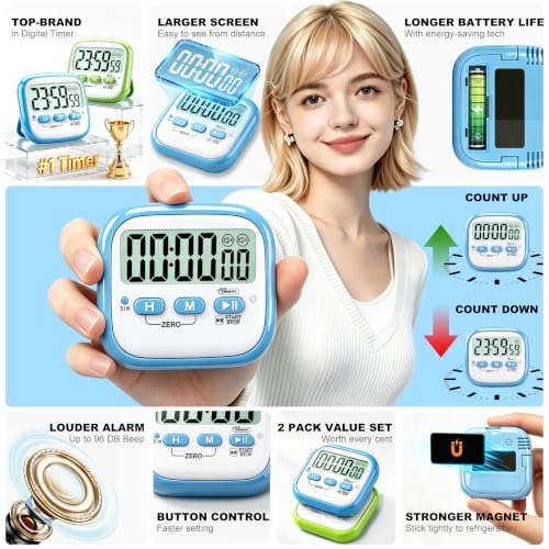 Antonki 2 Pack Classroom Timers for Kids Teachers, Magnetic Countdown Digital Kitchen Timer for Cooking, Study, Exercise, Games, Time Mangement - Loud/Silent Mode - Battery Included - color: Sky Blue & Green