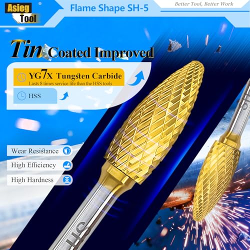 SH-5 5pcs Tungsten Carbide Burr TiN Rotary File Flame Shape Double Cut with 1/4''Shank for Die Grinder Drill Bit - style: 5pcs SH-5 TIN