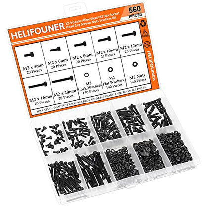 HELIFOUNER 560 Pieces M2 x 4mm /6mm /8mm /10mm /12mm /16mm /20mm, Hex Socket Head Cap Screws Bolts Washers Nuts Kit, 12.9 Grade Alloy Steel, Full Threaded, Black - size: M2, style: Socket Head
