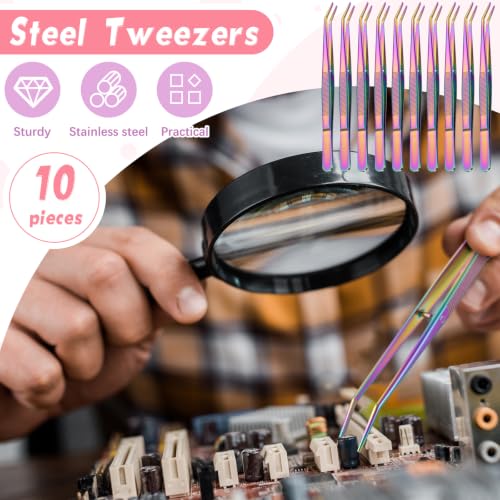 Honoson 10 Pcs Stainless Steel Tweezers for Crafting Forceps,Iridescent - color: Iridescent