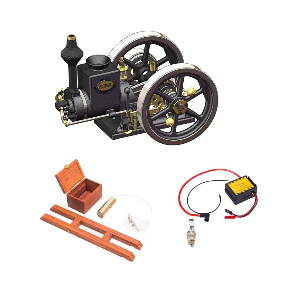 Retrol Engine HM-01 Hit and Miss Engine Model Kit, 4-Stroke Fixed Horizontal Metal Engine Kit with Base Equipment Box/Tankk/Pipe/CDI Igniter/Spark Plug, Gift -Assembled - style: Assembled Version