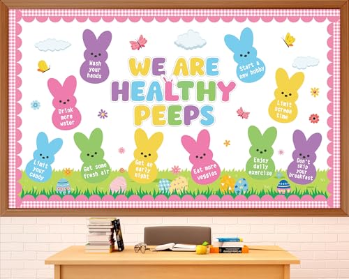 Easter Bunny Bulletin Board Set Easter Health Habits Bulletin Board Decoration Spring Bunny Cutouts Rabbit Good Habit Paper Cutout Spring Classroom Decoration for School Chalkboard Wall Decor Supplies - style: Easter Bunny