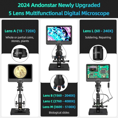 Andonstar AD269S 20X-5000X HDMI Digital Microscope, 5 Lens 2160P UHD Video - style: AD269S-10"+ Endoscope Kit+ Metal Biological Stand