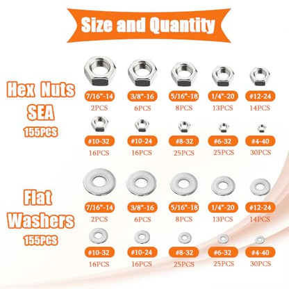 Dianrui 310PCS SAE Hex Nuts Assortment Kit with Flat Washers, 10 Size 304 Stainless Steel Hexnut Set Hardware Nuts #4-40,#6-32,#8-32,#10-24,#10-32,#12-24,1/4''-20,5/16''-18, 3/8''-16,1/2''-13 - size: 310PCS SAE Kit (#4-40—5/16''-18)