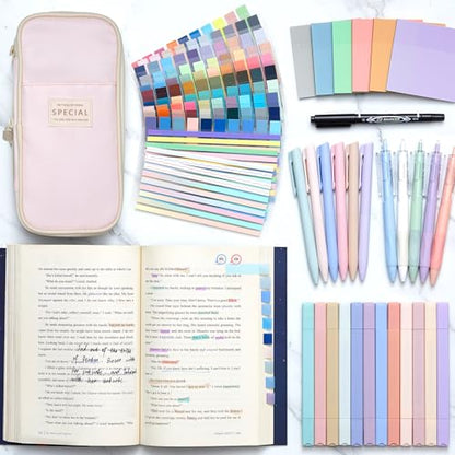 135 Pcs Book Annotation Kit with Pencil Case, 12 Pastel Highlighters, 11 Gel Pens, Fine Marker, 300 Transparent Sticky Notes, 2640 Index Tabs, Bible Study Supplies Kit(Classic,Pink) - color: Pink, style: Classic