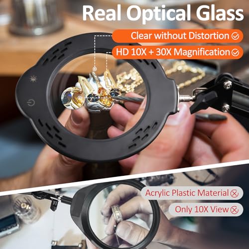 Magnifying Glass with Light and Clamp, 10X 30X LED Desk Magnifier with Real Glass Lens, 5 Color Modes, 3 Brightness Levels, Hands-Free Magnifying Lamp for Reading, Crafts, Electronics and Jewelry - color: Clamp