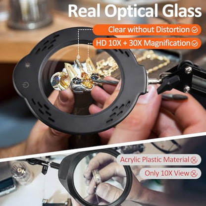 Magnifying Glass with Light and Clamp, 10X 30X LED Desk Magnifier with Real Glass Lens, 5 Color Modes, 3 Brightness Levels, Hands-Free Magnifying Lamp for Reading, Crafts, Electronics and Jewelry - color: Clamp