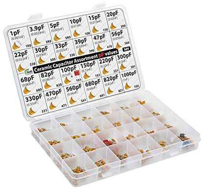 pF Values - Box Capacitor Kit Assortment 485 pcs 24 Values, All pF: 1pF, 3.9pF, 5pF, 10pF, 15pF, 20pF, 22pF, 30pF, 33pF,39pF, 47pF, 56pF, 100pF, 150pF, 220pF, 330pF, 470pF 560pF 680pF 820pF 1000pF