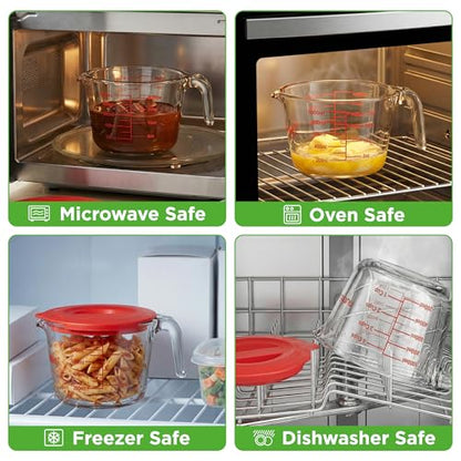 NutriChef 4 Cups Glass Measuring Cup with Lid (34 oz) - Heat-Resistant Borosilicate Liquid Measure Cup with Easy-Read Scale for Cooking, Baking and Food Storage, Dishwasher and Freezer Safe - size: 4 cup with lid