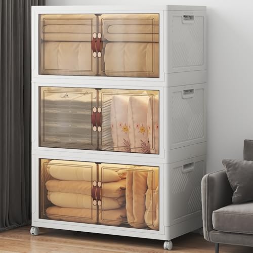 UAMFURI Stackable Storage Bins, 525QT Collapsible Drawers with 1 Lid - color: White-175QT, size: 3Pack with 1 top lid