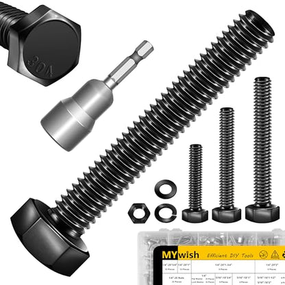 Mywish 254Pcs Nuts and Bolts, 1/4 20 5/16 18 3/8 16 Bolt, Heavy Duty 304 Stainless Steel Bolts and Nuts Kit with Flat Spring Washers, Fully Threaded & Black Oxided, 10 Common Size - size: 254 Pcs Mixed Size Kit - Black