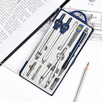 Unjoo 9Pcs Precision Geometry Set Metal Compass,Geometry Tool Set (Blue)