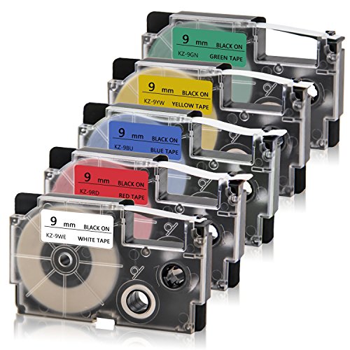 Absonic 5-Pack Compatible Label Tape Replacement for XR-9WE XR-9RD XR-9BU XR-9YW XR-9GN Tape Cassette for KL-60 KL-100 KL-120 KL-750 KL-780 KL-7000 KL-8100 Label Maker, 3/8" x 26', 9mm x 8m - size: 9mm (3/8")