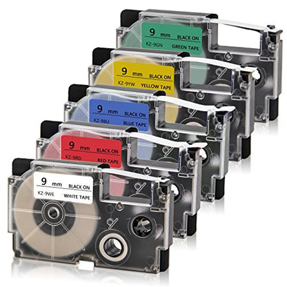 Absonic 5-Pack Compatible Label Tape Replacement for XR-9WE XR-9RD XR-9BU XR-9YW XR-9GN Tape Cassette for KL-60 KL-100 KL-120 KL-750 KL-780 KL-7000 KL-8100 Label Maker, 3/8" x 26', 9mm x 8m - size: 9mm (3/8")