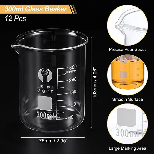 PATIKIL 300ml Low Form Glass Beaker, 12 Pack 3.3 Borosilicate Glass Graduated Printed Scale Measuring Cups with Spout for Kitchen Lab Liquids - size: 300ml