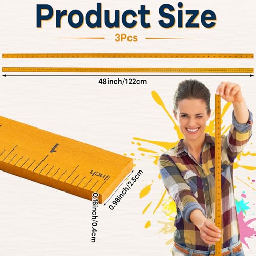 3Pcs 48 inch Yard Stick Wooden Ruler Yard Sticks Yellow Metric Ruler Straight Edge with Smooth Edges Rulers Bulk Double Sided Meter Sticks for Classroom Sewing Home Office Tailor Craft