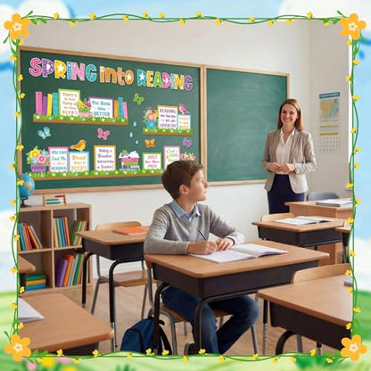 Qilery Spring Bulletin Board Reading Classroom Decor Spring Reading Cutouts - style: Spring into Reading