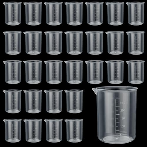 30PCS 250ML Plastic Graduated Measuring Beaker, Clear Resin Mixing Cups, Plastic Measuring Cup for Home School Lab Science Experiment School Teaching Supplies, Raised Graduations, Tapered Spout