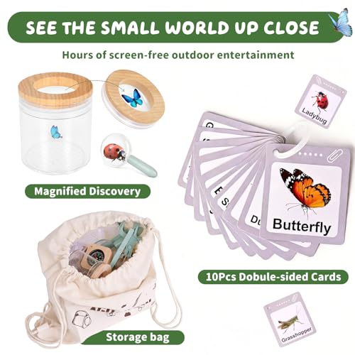 Bug Catcher for Kids, Wooden Bug Catching Outdoor Toys for Ages 4-8, STEM Explorer Activities with Butterfly Net Magnifying Glass Tweezers Insect Habitat Observation Cup Storage Bag Learning Cards