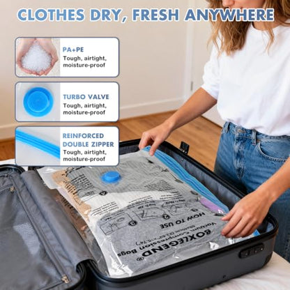 BoxLegend 8 Pack Travel Vacuum Storage Bags with 1400mAh Rechargeable Electric Pump - 23.6"x15.7" Space Saver Compression Bags for Luggage, Suitcase & Closet Organization Airtight Seal for Clothing - size: 8 Small - Electric Pump