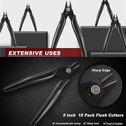 YaeCCC 10 Pack Wire Cutters Black Diagonal Cutting Pliers for Electronic, Model, Jewelry Making, 170 Flush Cutter 5 inch