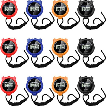 TOODOO 12 Pack Multi Function Digital Stopwatch Timer Bulk Sports Stopwatch with Lanyard Plastic Display Waterproof Date Time Alarm Timer for Coaches Fitness Referees - color: Black Blue Red Orange