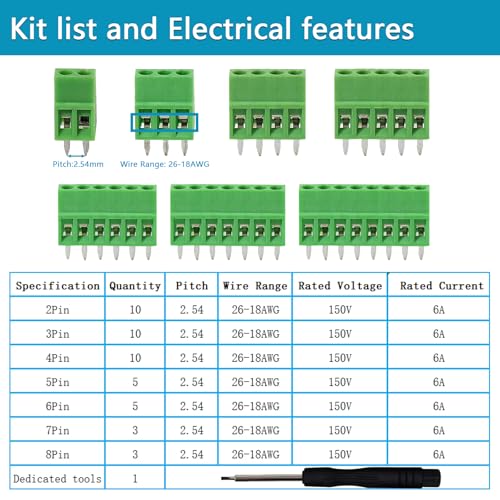 46PCS 2.54mm 0.1" Pitch PCB Mount Screw Terminal Block Connector, Minidodoca 2P 3P 4P 5P 6P 7P 8P Terminals 150V 6A for 26-18AWG Cable，Equipped with Special Screwdriver - style: 46pcs Terminal Block Connector