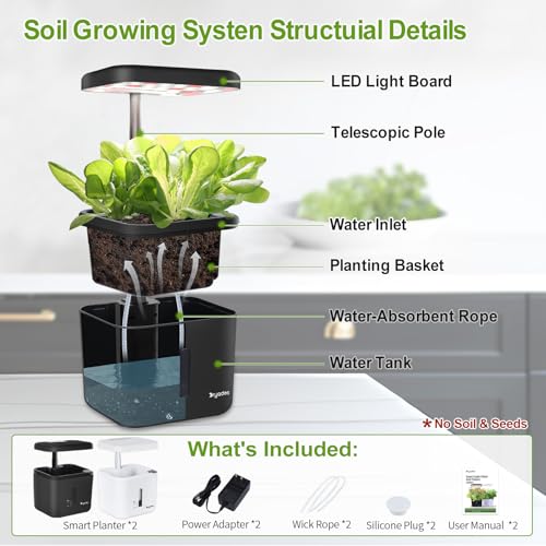 2 PACK Plant Pots Indoor Garden Planter Growing Systems Small Smart Soil Gardening System with 17 Watts LED Grow Light Auto Timer Self-Watering Soil Planter Pot Gifts for Mom Women (No Seeds&Soil) - color: Black&white