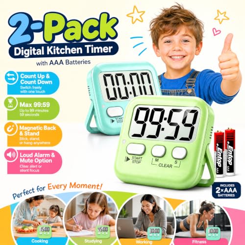 Antonki 2 Pack Digital Timer for Kids Classroom Kitchen Timers for Cooking - color: Lime Green + Mint Green