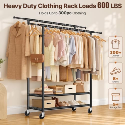 Heavy Duty Clothes Rack, Double Rod Garment Storage Organizer, Black - color: Black