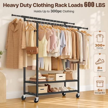 Heavy Duty Clothes Rack, Double Rod Garment Storage Organizer, Black - color: Black