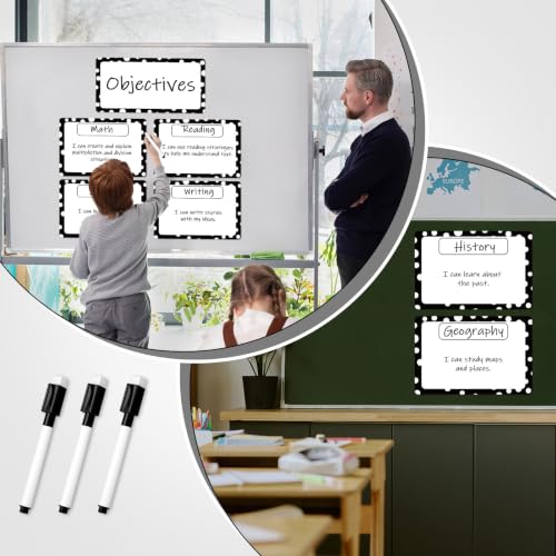 7Pcs Magnetic Write & Wipe Blank Labels, Black & White Polka Dot Dry Erase Learning Magnets with 1 Black Pen & Back Card (30 * 20cm), Classroom Office Home Organization Supplies - style: Polka Dot