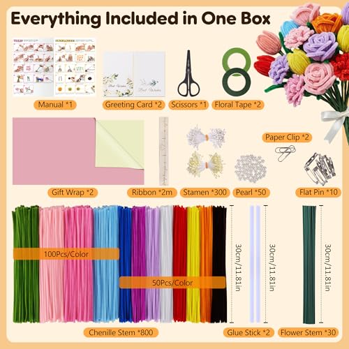 EARLY MINDS 800Pcs Pipe Cleaner Flower Kit with Tutorial, 8 Colors - color: multicolored