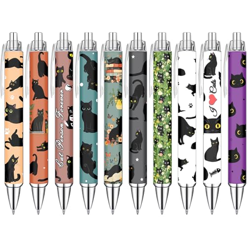 Idealmuzik Black Cat Ballpoint Pens Set – Cute Aesthetic Cat Design Pens for Office, Journaling, and Stationery Lovers – Smooth Writing Pens for Daily Use, Notes, or Gifts – Stylish & Fun, 10 Pack - color: Black Cat