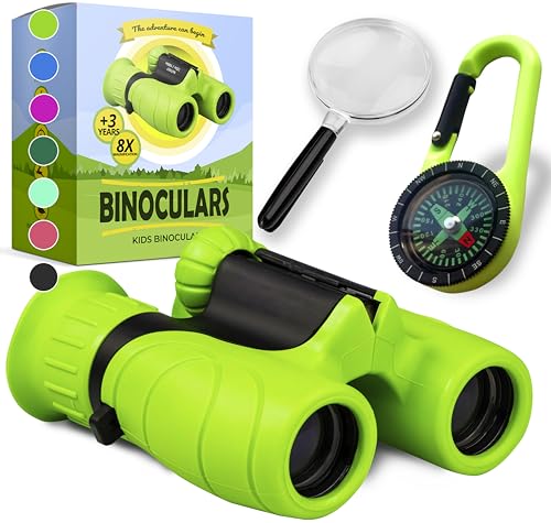 Binoculars for Kids – Perfect Toy for Little Boys and Girls – Extensive Set Incl. Magnifying Glass & Compass – Powerful Magnification 8X21 – 3 to 12 Year Old Kids for Toddler - color: Green