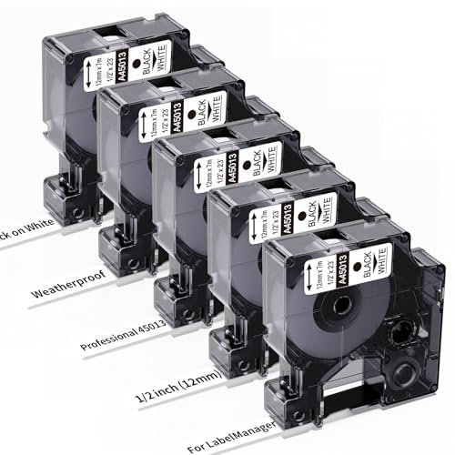 5X Replace for DYMO Label Maker Refills 45013 Black on White 1/2 Inch 23 Ft - color: White, size: 1/2 Inch (12mm)