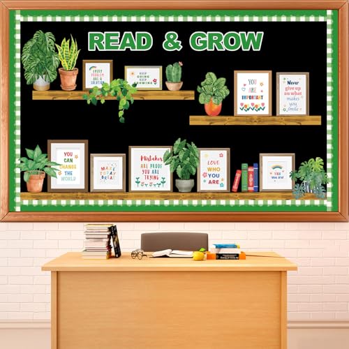 Plant Bookshelf Bulletin Board Set Read and Grow Motivational Greenery Classroom Decor Reading Library Back to School Positive Eucalyptus Potted Paper Cutouts for School Wall Decor Supplies - style: Plant Bookshelf