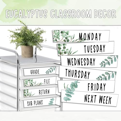 12 Pieces Rolling Storage Cart Labels 10 Drawer Rolling Storage Cart Label Eucalyptus Classroom Decor for Teacher Office School Classroom Organization - style: Eucalyptus