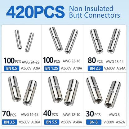 420PCS Non Insulated Butt Connectors Kit, Tinned Copper Wire Connectors, 24-8 AWG Crimp Connectors, Uninsulated Butt Connector Terminals for Automotive, RV, Marine, Trailer, Car Audio Wiring - style: 420 PCS Non Insulated Connectors