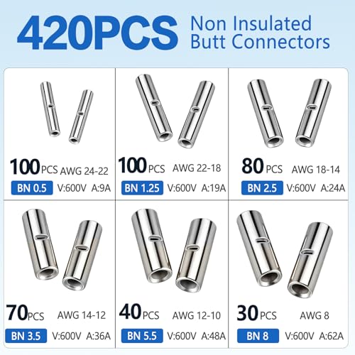 420PCS Non Insulated Butt Connectors Kit, Tinned Copper Wire Connectors, 24-8 AWG Crimp Connectors, Uninsulated Butt Connector Terminals for Automotive, RV, Marine, Trailer, Car Audio Wiring - style: 420 PCS Non Insulated Connectors