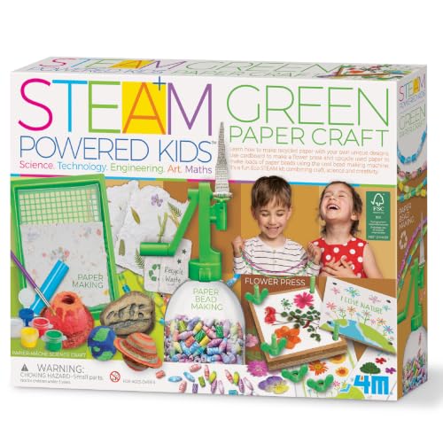 4M Green Paper Craft Kit for Kids Ages 5-12 - 3-in-1 Papermaking, Flower Press & Bead Jewelry Making - Eco-Friendly STEM Arts Crafts with Glow-in-the-Dark Moulds, Recycled DIY Gift - style: Green Paper Craft