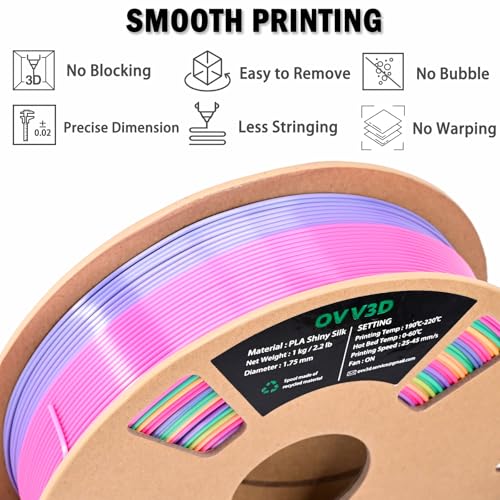 OVV3D Rainbow PLA Filament 1.75mm, PLA Silk PLA 3D Printer Filament Multicolor Silk Color Change Rainbow PLA Filament with Pink Purple Green Yellow, 3D Printing Filament 3D Filament, 1kg - color: Silk Candy Rainbow