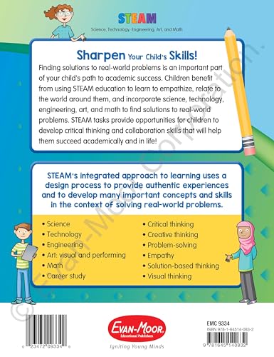Evan-Moor Skill Sharpeners STEAM Workbook, Grade 4, Science, Technology, Engineering, Art, Math, Hands On Activities, Helping Others, Collaboration, Solve Real World Problems, Puzzles, Homeschool