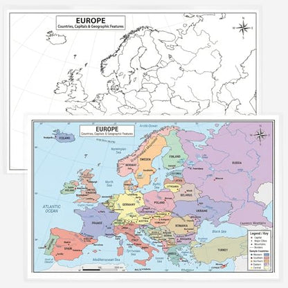 Europe Map 11x17 Laminated Dry Erase Geography Chart | Double-Sided with Color Front & Blank Outline Back | Reusable Classroom & Homeschool Tool - color: Europe