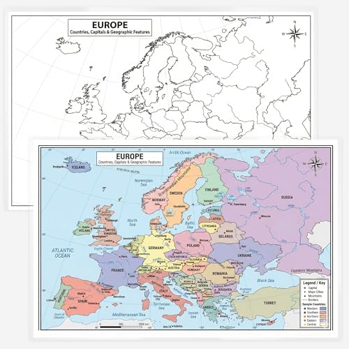 Europe Map 11x17 Laminated Dry Erase Geography Chart | Double-Sided with Color Front & Blank Outline Back | Reusable Classroom & Homeschool Tool - color: Europe