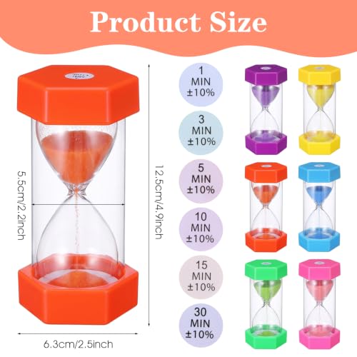 6 PCS Sand Timers for Classroom 1/3/5/10/15/30 Minutes Hourglass Timer Set