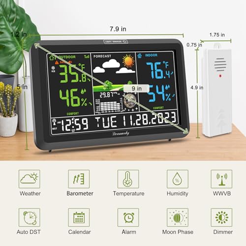 DreamSky Weather Station Indoor Outdoor Thermometer Wireless, Atomic Clock - color: Black with 1 sensor