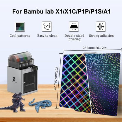New Upgraded 257x257mm H1H Holographic Build Plate for Bambu Lab X2D/P2S/A1/X1C/X1/X1E/P1P/P1S, Smooth Kaleidoscope + Smooth Skynet Spring Steel Plate Flexible Plate for Bambu Labs 3D Printer - color: H1H( Kaleidoscope+Skynet)