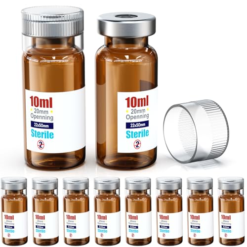 Biomed Solutions Sterile Empty Vial with Reusable Plastic Cap,Ready to Fill Glass Containers, Liquid Injection Bottle Sealed with Self Healing Injection Port (10ml Amber 10pcs) - size: 10ml Amber 10pcs